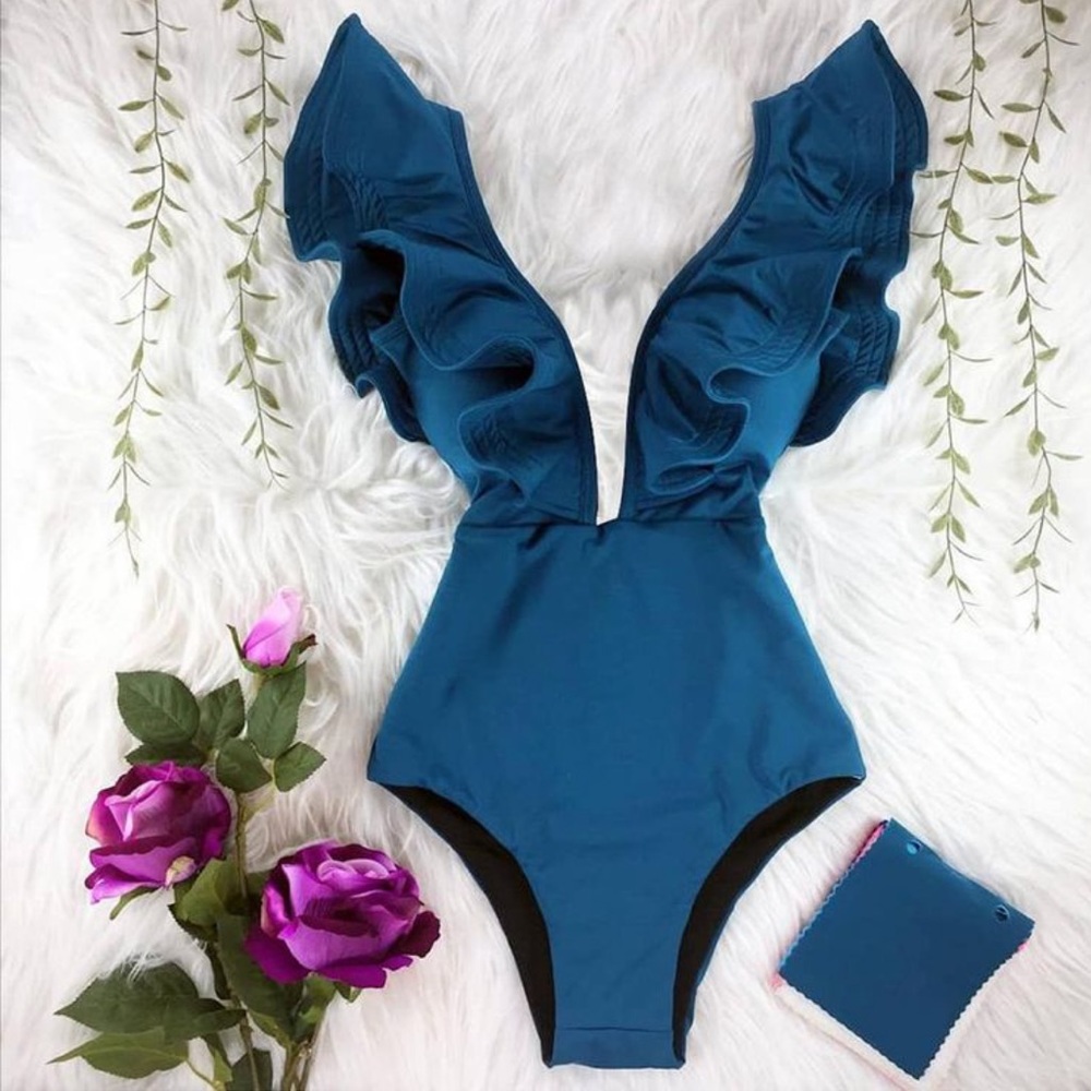 🎉New One Shoulder Solid Ruffle Print One-piece Backless Swimsuit - Picture 1 of 2